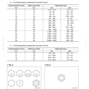 Puede incluir: Tabla est&aacute;ndar de pares de apriete para pernos y tuercas, con di&aacute;metro de rosca, ancho entre caras y par de apriete en Nm y kgm. Incluye diagramas de cabezas de pernos. Medidas en mil&iacute;metros.