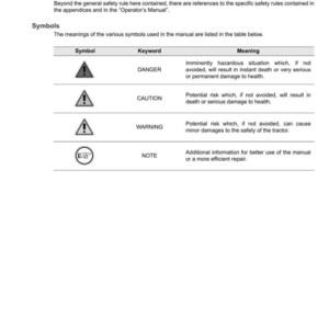 May include: A white page from a manual with the Argo Tractors logo. The page includes safety symbols with keywords like "Danger" and "Caution", and their meanings. The manual is for workshop maintenance staff.