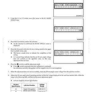 May include: A technical manual page with instructions for testing and adjusting a machine monitor system. The page includes diagrams of the screen displays and steps for adjusting the lift arm angle. The text includes voltage ranges and lift arm specifications.