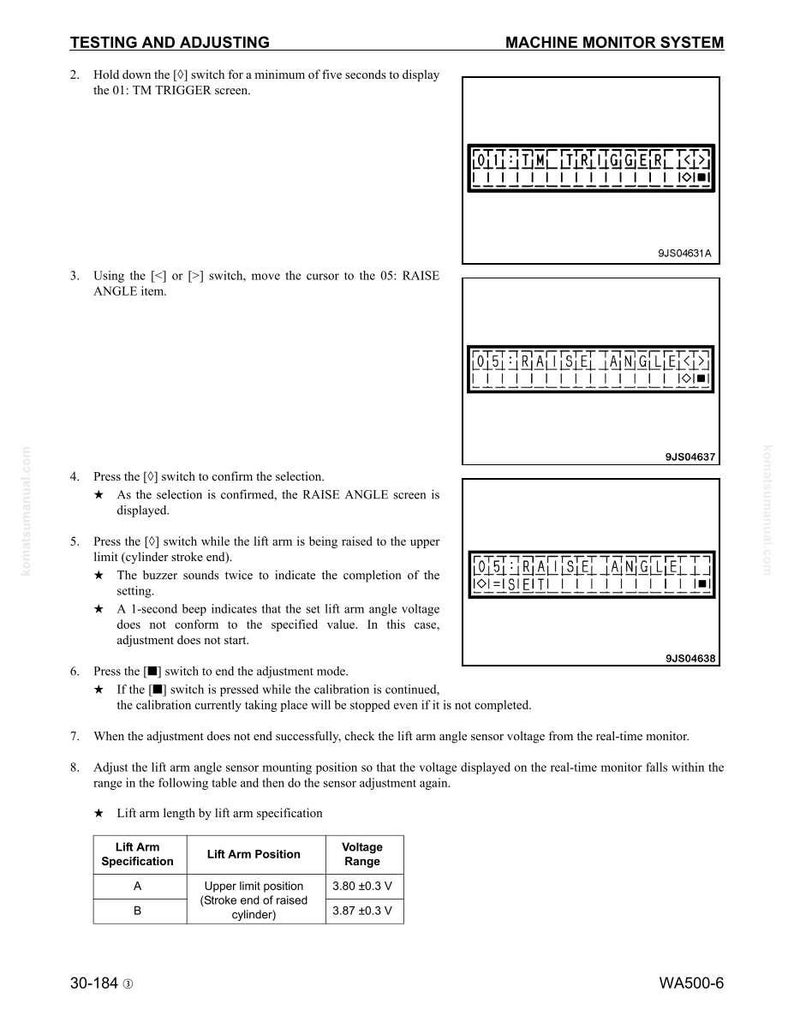 May include: A technical manual page with instructions for testing and adjusting a machine monitor system. The page includes diagrams of the screen displays and steps for adjusting the lift arm angle. The text includes voltage ranges and lift arm specifications.