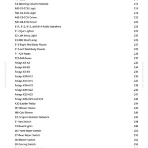 May include: A manual page detailing automotive electrical components such as relays, fuses, and switches. The text is black on a white background, with page numbers on the right-hand side.