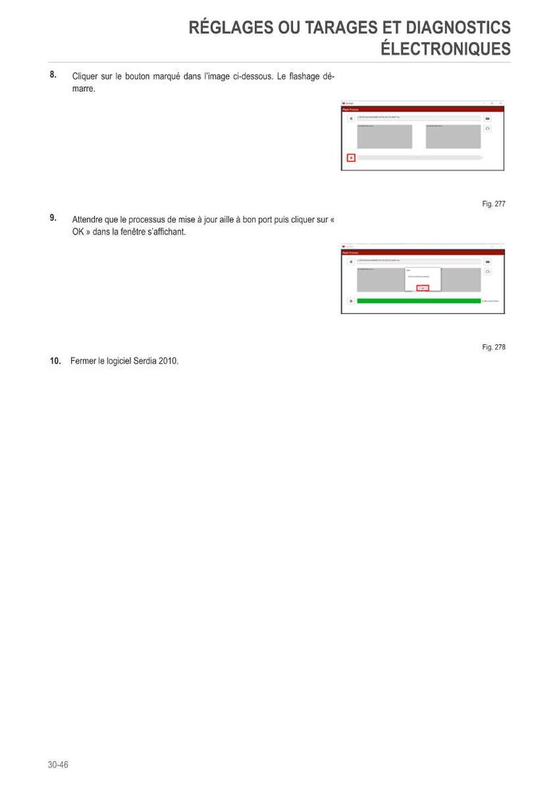 Puede incluir: Una p&aacute;gina con instrucciones para diagn&oacute;sticos y ajustes electr&oacute;nicos. El texto incluye pasos para hacer clic en un bot&oacute;n, esperar un proceso y cerrar el software. Se incluyen capturas de pantalla de ventanas de software.