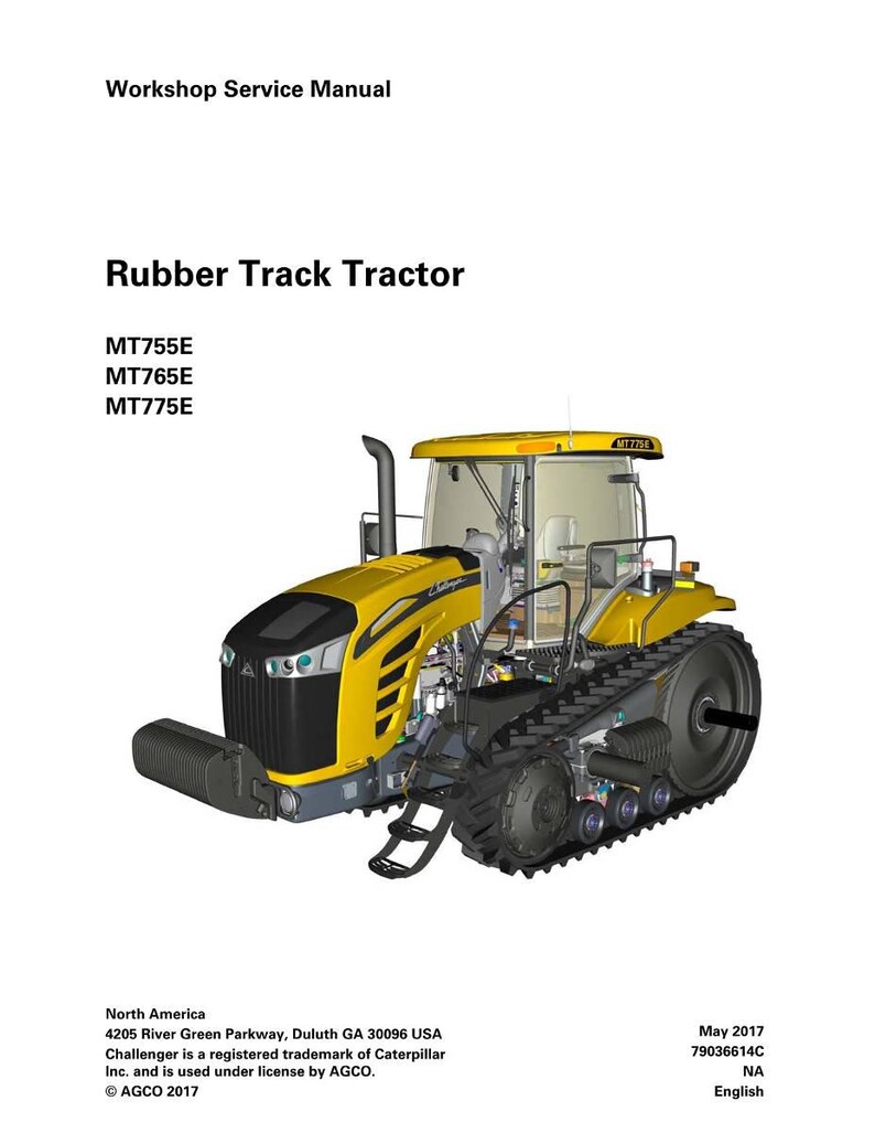 May include: A yellow and black rubber track tractor, with the text "Rubber Track Tractor" and model numbers MT755E, MT765E, and MT775E. The image is from a workshop service manual.