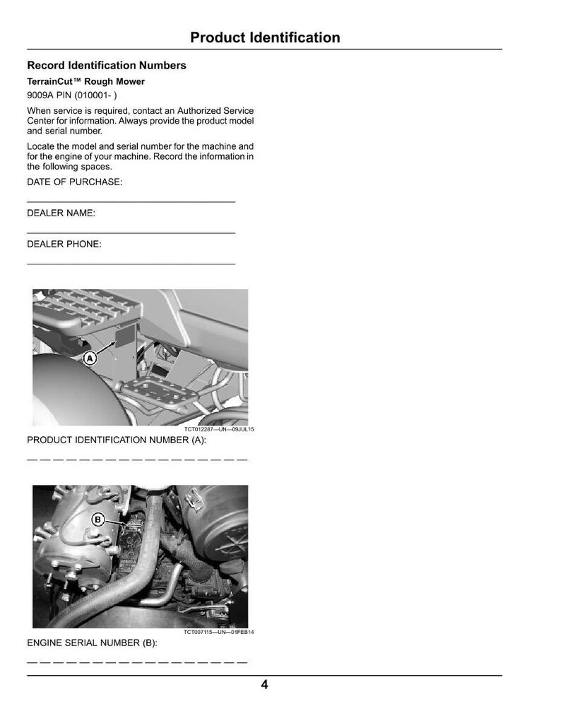 Peut inclure: Document d'identification du produit pour une tondeuse rotative TerrainCut. Le document comprend des sections pour l'enregistrement des num&eacute;ros d'identification, y compris le num&eacute;ro d'identification du produit (A) et le num&eacute;ro de s&eacute;rie du moteur (B).