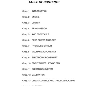 May include: A white page with the title "TABLE OF CONTENTS" and a list of chapters, including "INTRODUCTION", "ENGINE", "CLUTCH", "TRANSMISSION", and "ELECTRICAL SYSTEM". The document appears to be a manual.