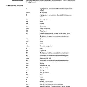 May include: A white repair manual with the Weidemann logo. The manual lists abbreviations and units, including measurements in centimeters, and technical terms like "Fuse No. 3" and "Solenoid valve".