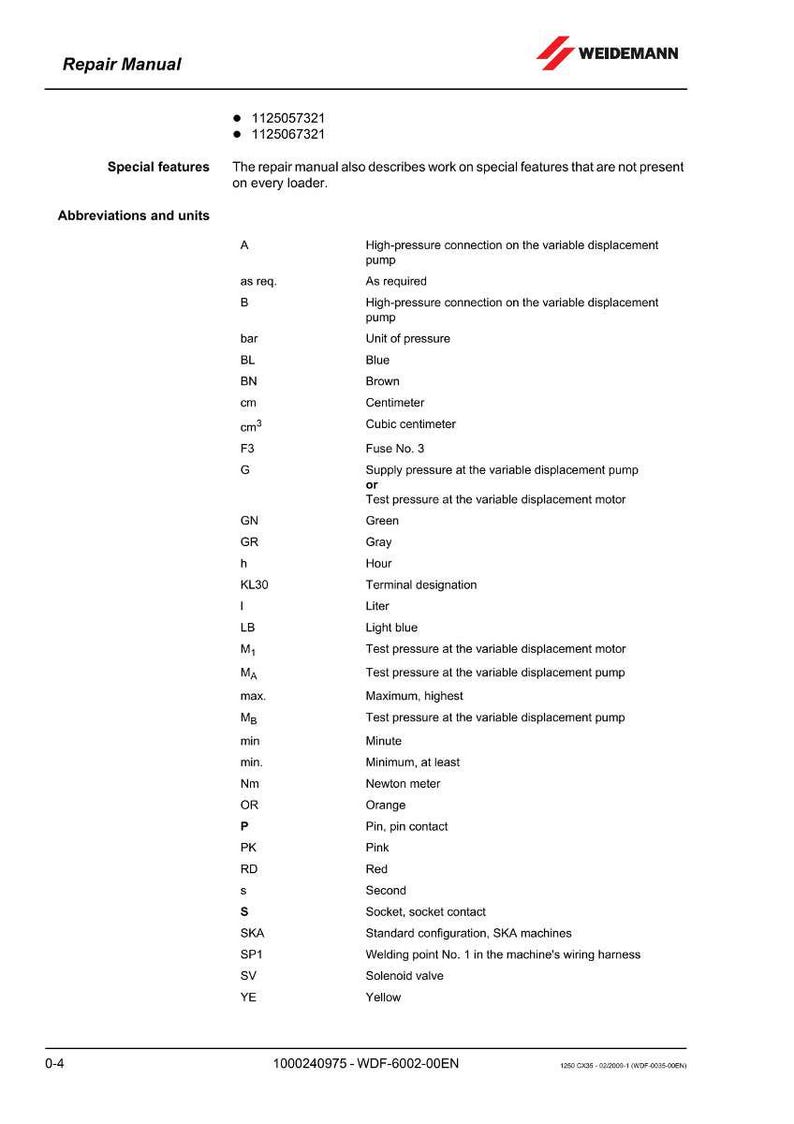 May include: A white repair manual with the Weidemann logo. The manual lists abbreviations and units, including measurements in centimeters, and technical terms like "Fuse No. 3" and "Solenoid valve".