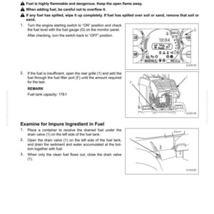 May include: Diagram from a manual detailing fuel system checks. Includes instructions for examining fuel level, type, and checking for impure ingredients. Features illustrations of a fuel gauge, fuel filler port, and drain valve.