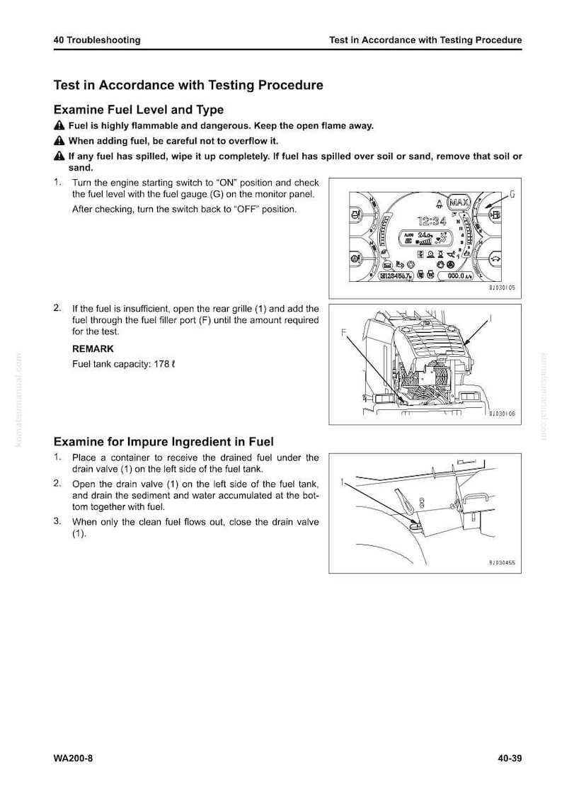 May include: Diagram from a manual detailing fuel system checks. Includes instructions for examining fuel level, type, and checking for impure ingredients. Features illustrations of a fuel gauge, fuel filler port, and drain valve.