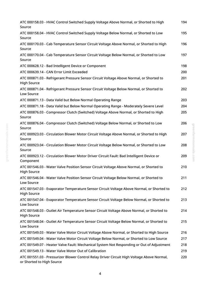May include: A white page with a list of automotive diagnostic trouble codes and descriptions. The text includes codes related to HVAC, temperature sensors, and other vehicle systems. The page has a greenfarmmanuals.com watermark.