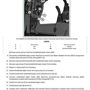 May include: Diagram of a windshield wiper motor assembly with labels and instructions. The image includes parts like nuts, arms, brackets, and cap screws. Text provides a step-by-step guide for maintenance and repair, with references to manuals.