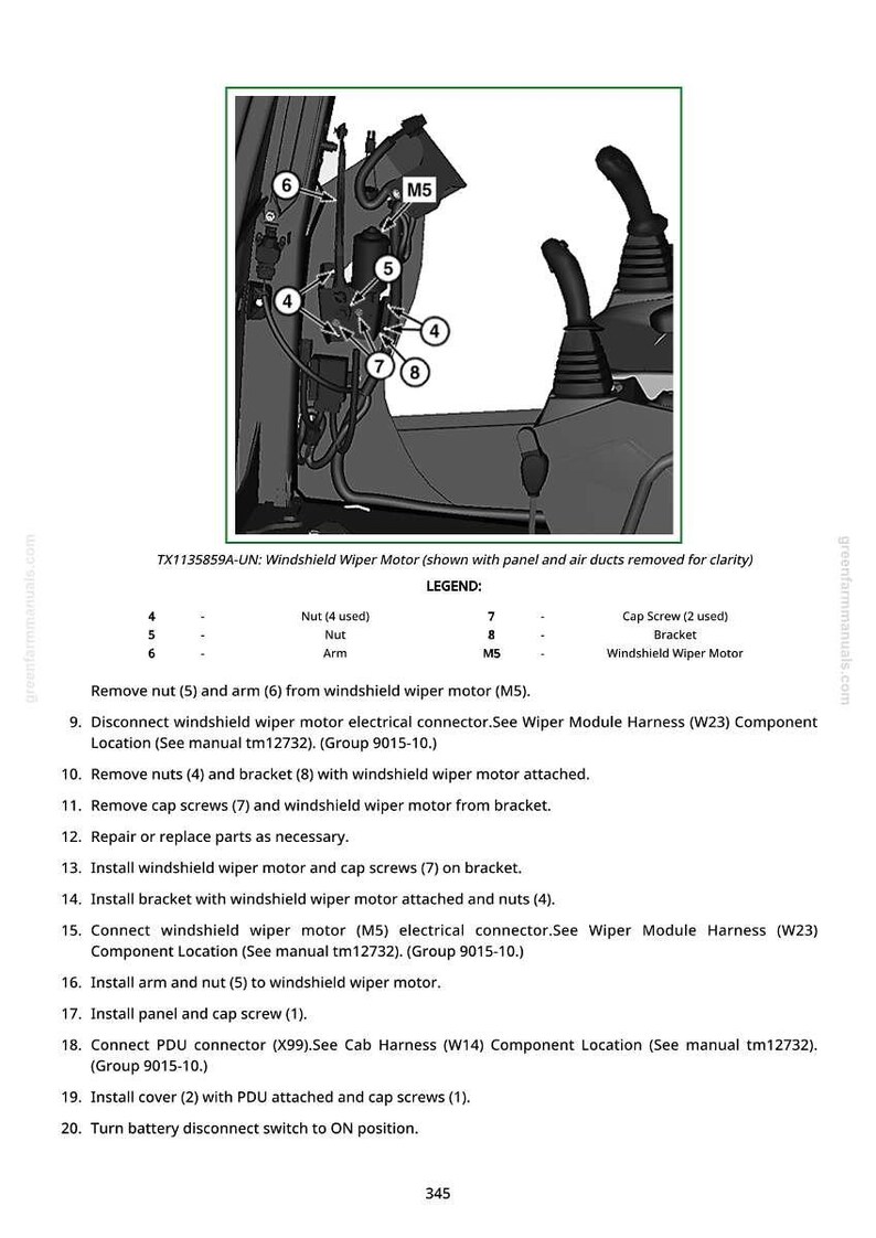 May include: Diagram of a windshield wiper motor assembly with labels and instructions. The image includes parts like nuts, arms, brackets, and cap screws. Text provides a step-by-step guide for maintenance and repair, with references to manuals.