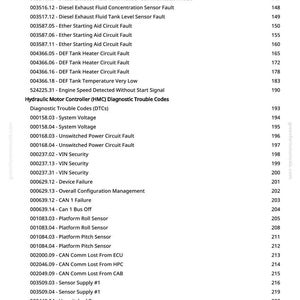K&ouml;nnte beinhalten: Eine wei&szlig;e Seite mit einer Liste von Diagnose-Fehlercodes (DTCs) f&uuml;r hydraulische Fahrzeugsysteme. Die Codes umfassen Motor-, DEF- und CAN-Kommunikationsfehler, mit Seitenzahlen.