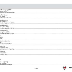 May include: A page from a technical manual with a table of contents in German, English, and French. The document lists various automotive systems, including fuel, exhaust, and cooling systems. The Weidemann logo is visible at the bottom.