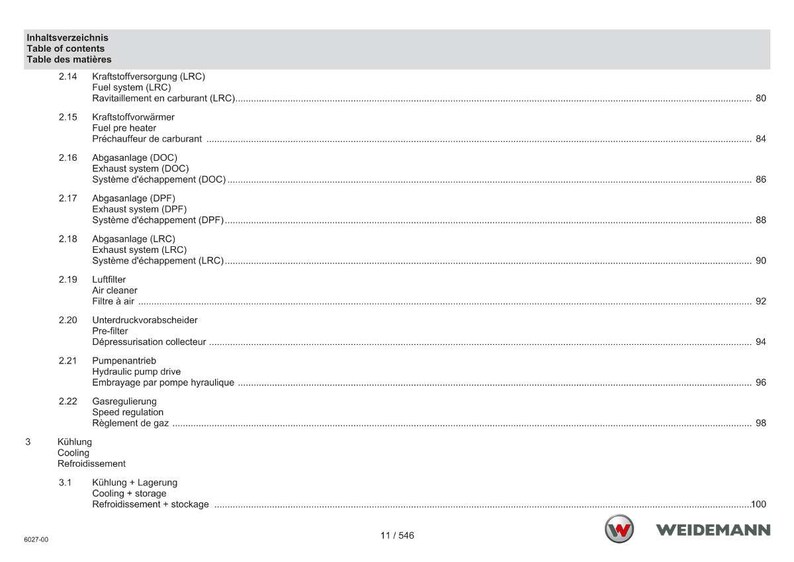 May include: A page from a technical manual with a table of contents in German, English, and French. The document lists various automotive systems, including fuel, exhaust, and cooling systems. The Weidemann logo is visible at the bottom.