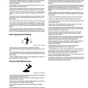 Peut inclure: Page d'un manuel de s&eacute;curit&eacute; avec des consignes pour l'utilisation de machines. Le texte comprend des instructions sur l'utilisation en pente, les v&ecirc;tements et l'entretien. Avec des illustrations de s&eacute;curit&eacute;.