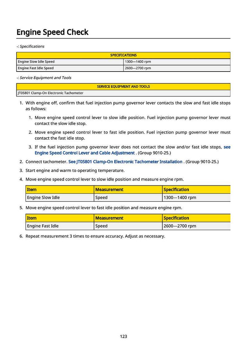 May include: A technical document titled "Engine Speed Check" with specifications for engine idle speeds. Includes instructions for using a tachometer and measuring engine RPM, with values ranging from 1300 to 2700 rpm.