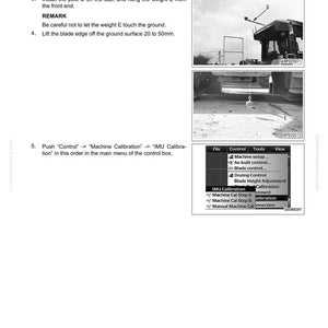 May include: A page from a manual detailing machine calibration. The text includes instructions for ground inclination and blade edge adjustments. Images show a machine with labeled components and a control panel menu.