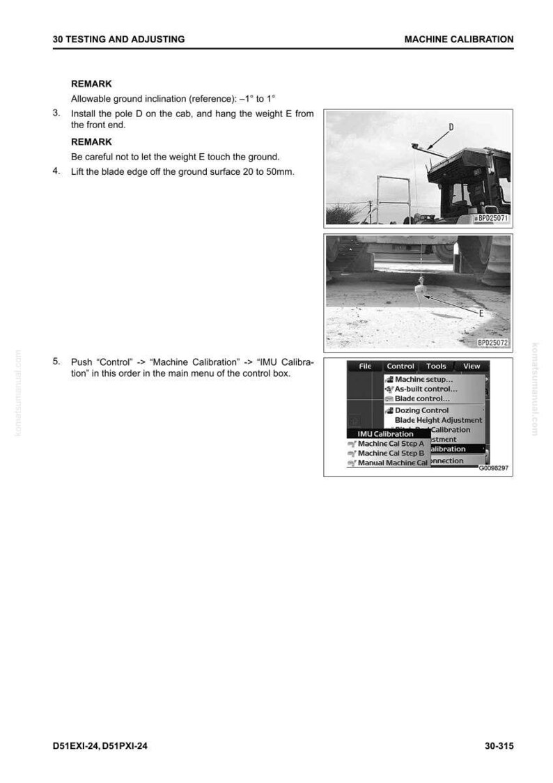 May include: A page from a manual detailing machine calibration. The text includes instructions for ground inclination and blade edge adjustments. Images show a machine with labeled components and a control panel menu.