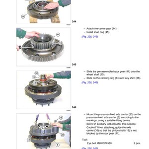 May include: Diagram of CLAAS machinery assembly steps. Includes images of gears, bearings, and other mechanical components. Text instructions and part numbers are also visible, detailing the assembly process.