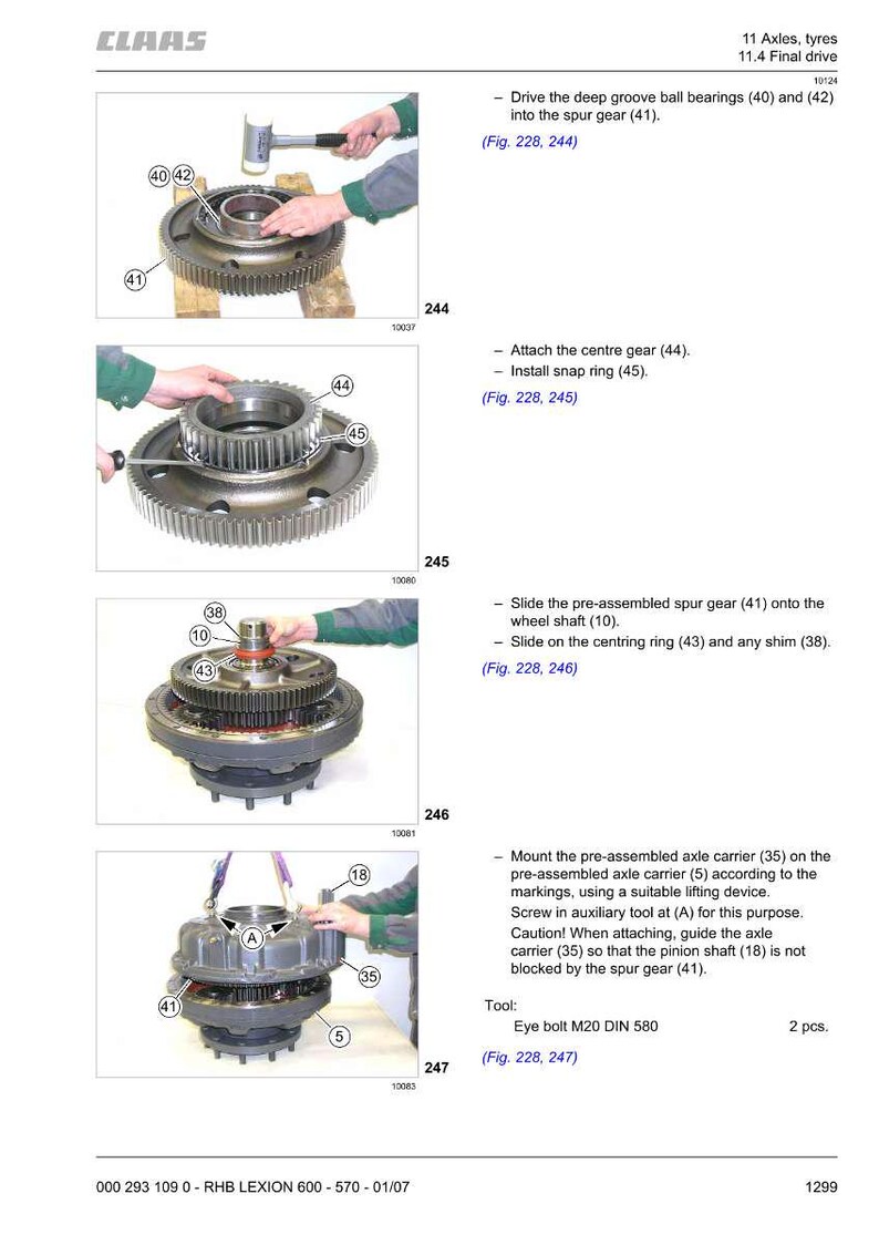 May include: Diagram of CLAAS machinery assembly steps. Includes images of gears, bearings, and other mechanical components. Text instructions and part numbers are also visible, detailing the assembly process.