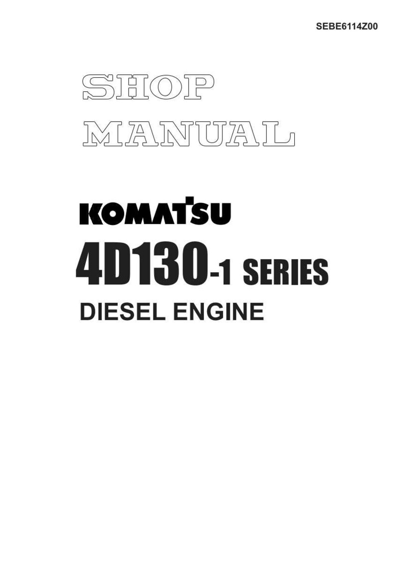 May include: A white shop manual with the text "SHOP MANUAL" at the top. Below, the black text reads "KOMATSU 4D130-1 SERIES DIESEL ENGINE". The document has the code "SEBE6114Z00" in the upper right corner.