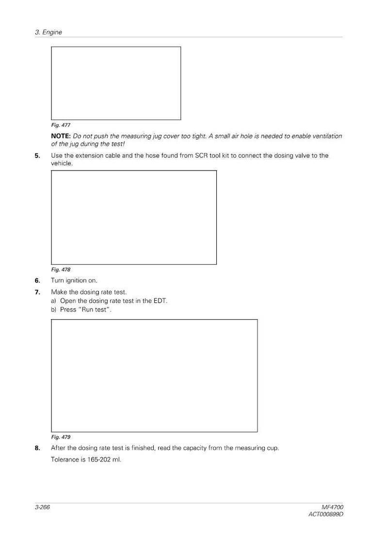 May include: A page from a manual with diagrams and instructions for an engine test. Text includes notes about the test, connecting cables, and reading measurements. The page has the text "Engine" and "MF4700 ACT000899D".