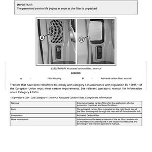 May include: Diagram of an operator's cab with internal activated carbon filter component information. Includes images of the filter housing and activated carbon filter. Text includes important information and a legend.