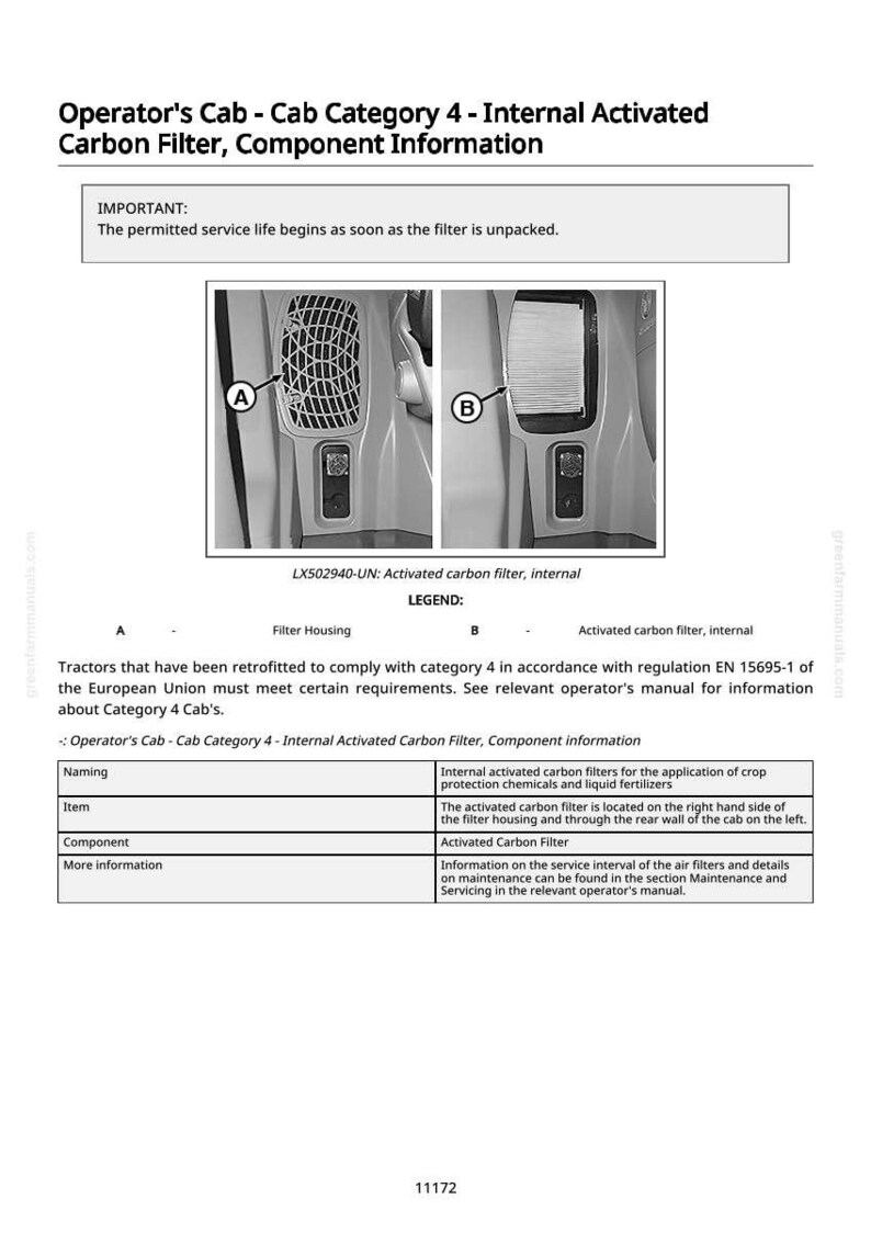 May include: Diagram of an operator's cab with internal activated carbon filter component information. Includes images of the filter housing and activated carbon filter. Text includes important information and a legend.