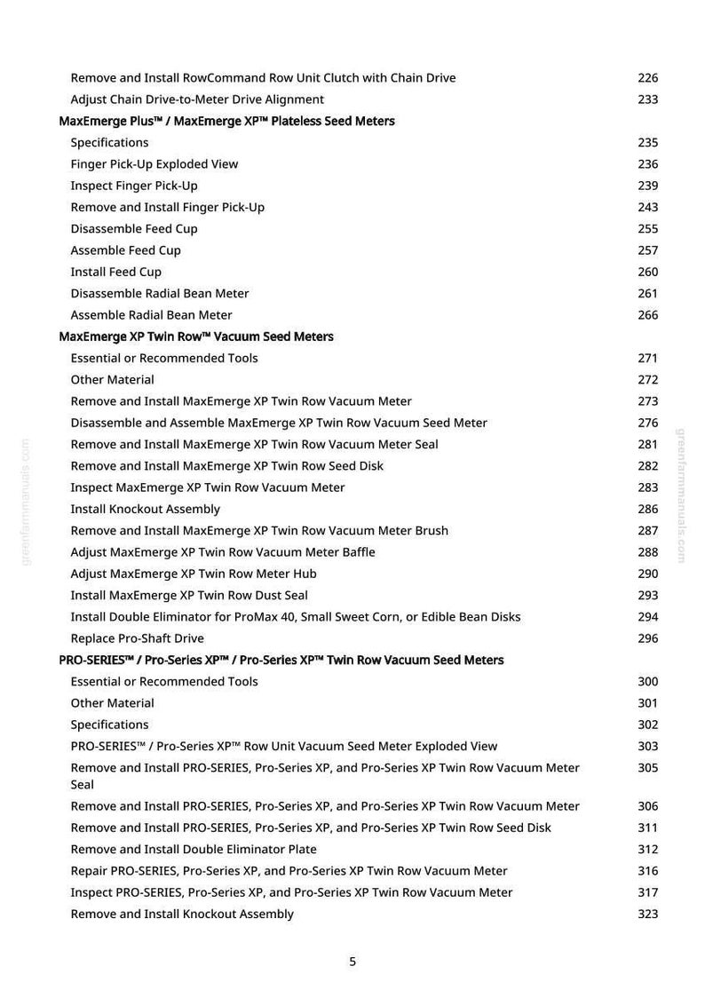 May include: A white page with a detailed table of contents for agricultural machinery maintenance. The text includes instructions for MaxEmerge XP Twin Row Vacuum Seed Meters and PRO-SERIES Twin Row Vacuum Seed Meters.