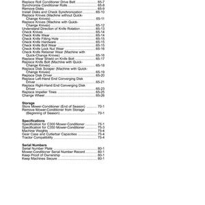 May include: A page from a manual titled "Contents" with a list of topics and page numbers. Topics include maintenance and specifications for a mower-conditioner, such as replacing knives and checking wear. The page is white with black text.
