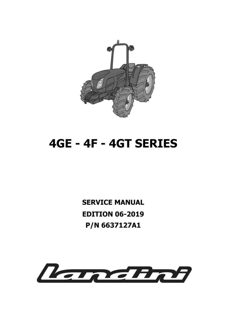 May include: A black and white illustration of a tractor, with the text "4GE - 4F - 4GT SERIES" above the text "SERVICE MANUAL EDITION 06-2019 P/N 6637127A1" and the Landini logo.