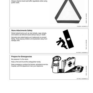 May include: A safety manual page with three safety instructions. The first shows a white triangle within a black border. The second shows a person pushing a black rectangle with a white arrow. The third shows a first aid kit and fire extinguisher.