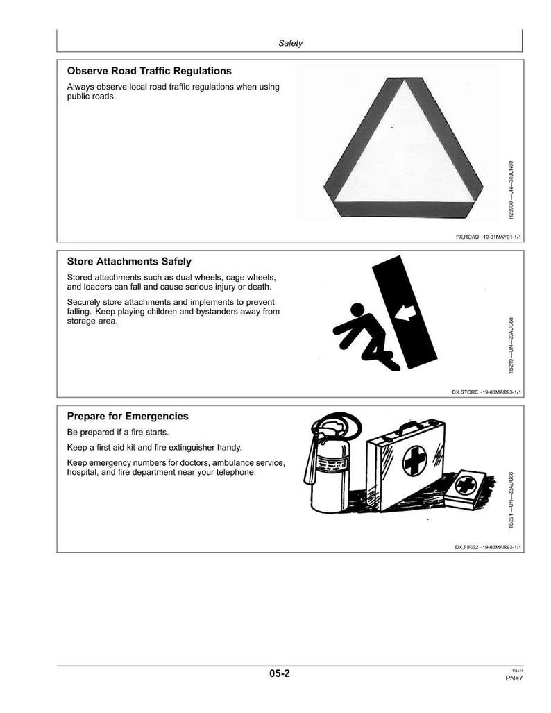 May include: A safety manual page with three safety instructions. The first shows a white triangle within a black border. The second shows a person pushing a black rectangle with a white arrow. The third shows a first aid kit and fire extinguisher.
