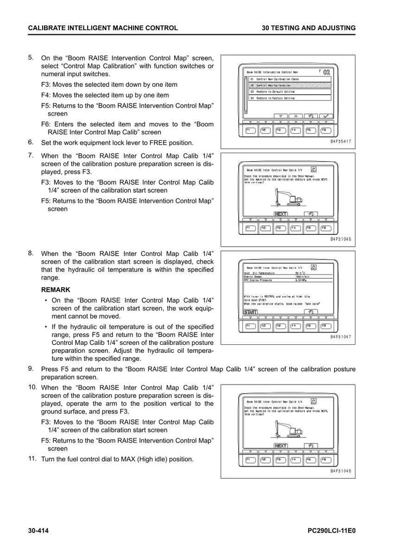 May include: A technical manual page with instructions for calibrating intelligent machine control. The page includes text, diagrams, and screenshots of a control panel interface. The screenshots show various menu options and calibration steps.