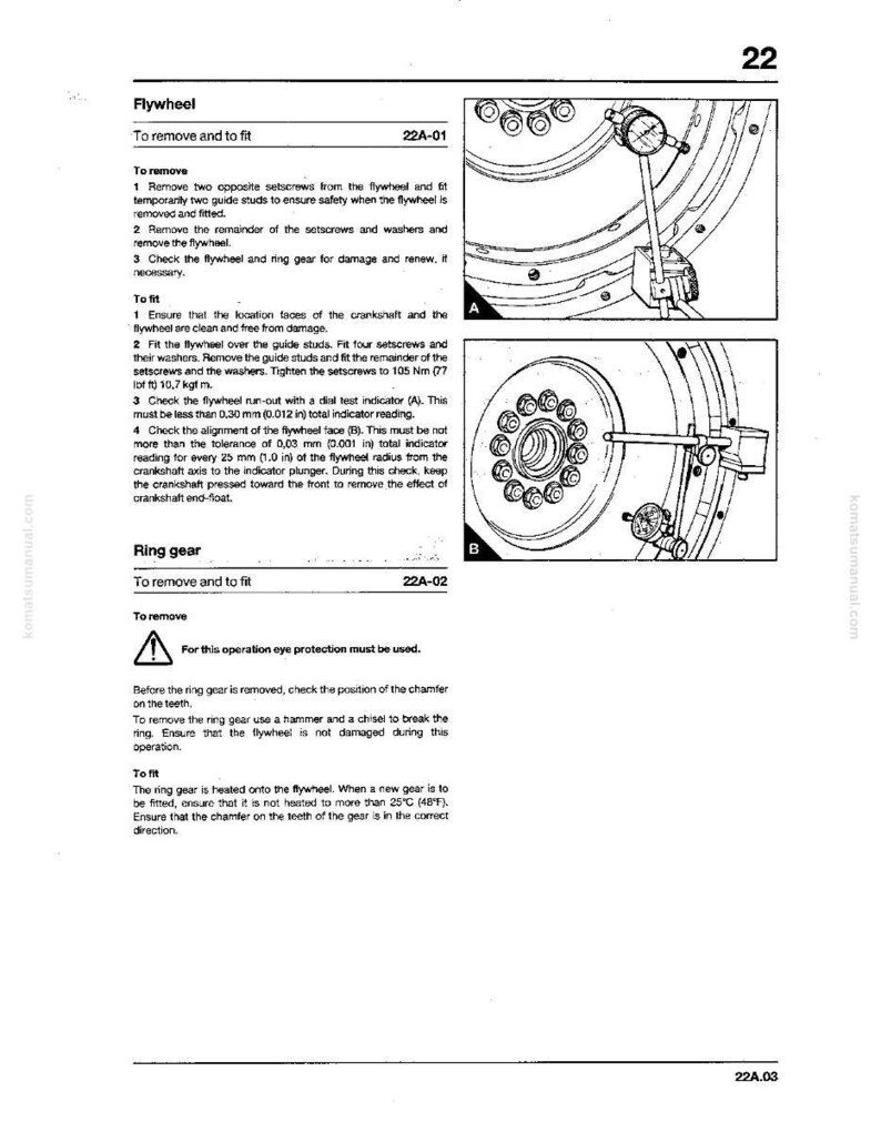 May include: A manual page with instructions for removing and fitting a flywheel, including diagrams and measurements. The page is numbered 22 and features safety warnings about eye protection.
