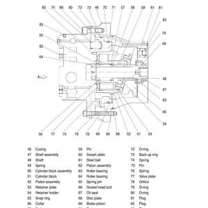May include: Detailed technical diagram of a travel motor, labeled with numbers and component names. Includes parts like casing, shaft assembly, spring, and piston assembly. The text "TRAVEL MOTOR(2/2)" is at the top.
