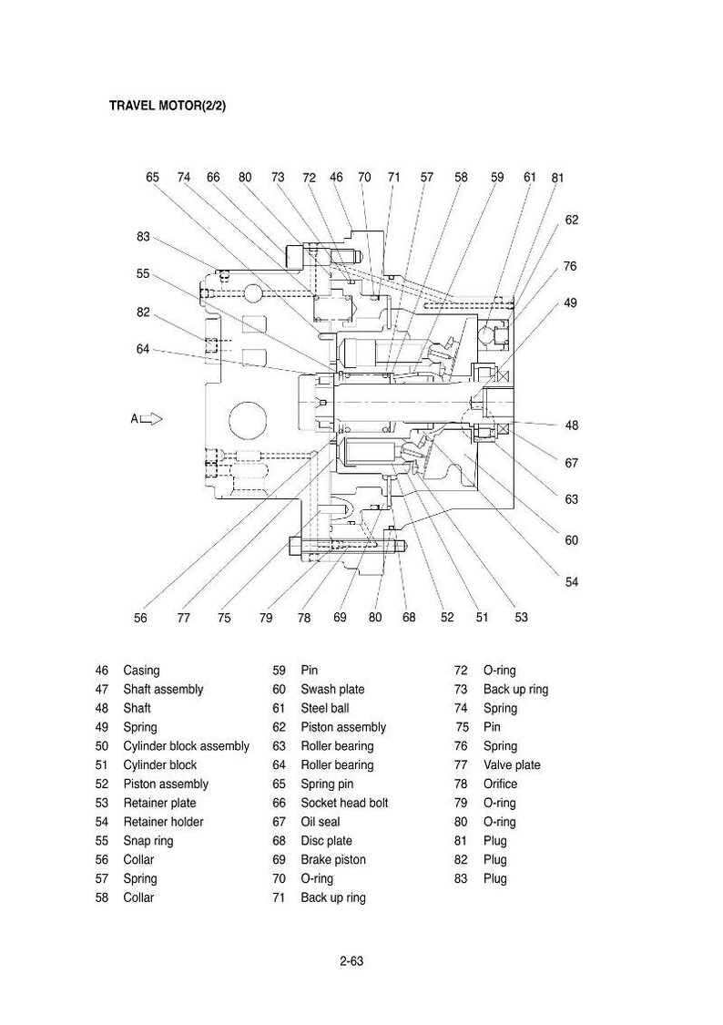 May include: Detailed technical diagram of a travel motor, labeled with numbers and component names. Includes parts like casing, shaft assembly, spring, and piston assembly. The text "TRAVEL MOTOR(2/2)" is at the top.