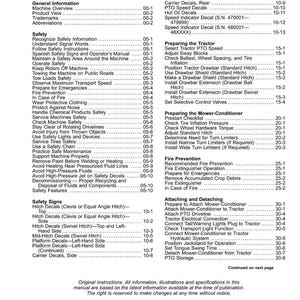May include: A detailed table of contents from an original equipment manual, listing safety information, operating procedures, and maintenance guidelines. The document includes page numbers and section titles.