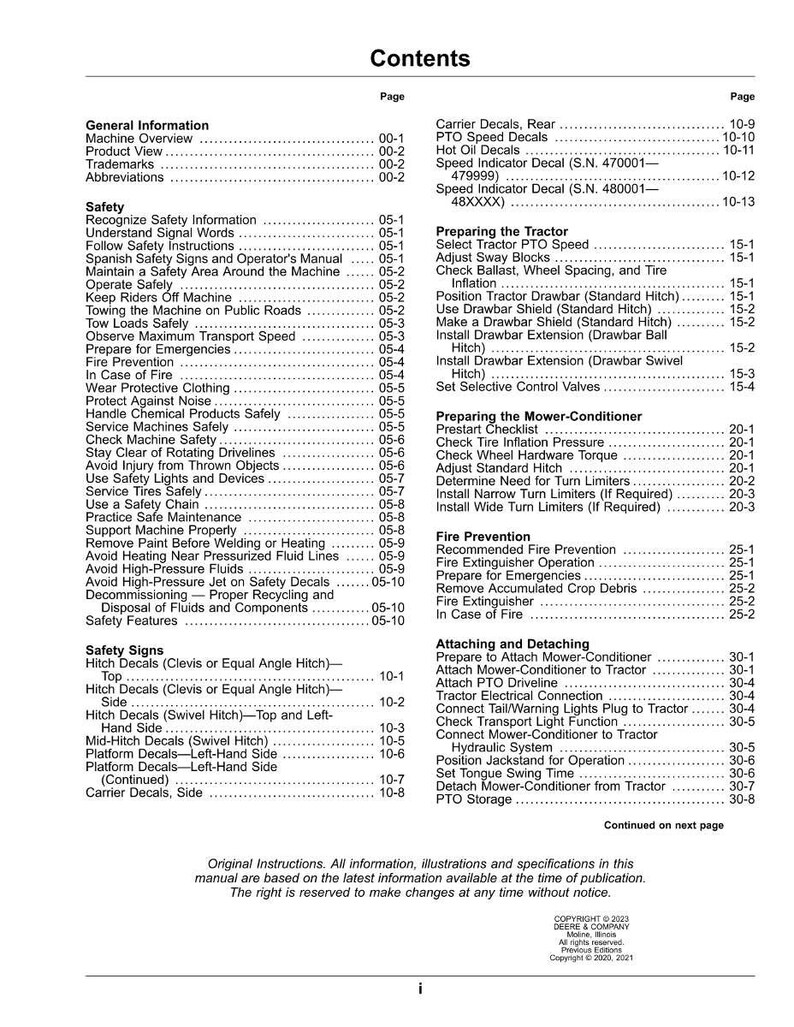 May include: A detailed table of contents from an original equipment manual, listing safety information, operating procedures, and maintenance guidelines. The document includes page numbers and section titles.