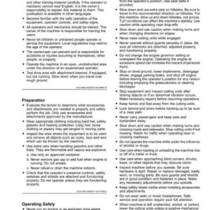 May include: A page from a safety manual with the title "Safety" at the top. The text provides instructions and warnings for operating machinery, including operator training, preparation, and safe operating procedures.