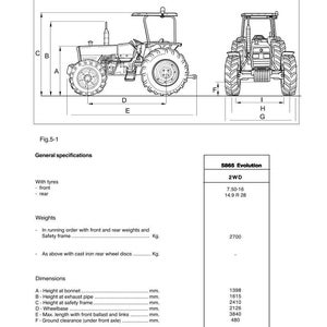 Puede incluir: Diagrama de un tractor con especificaciones t&eacute;cnicas. La imagen incluye vistas laterales y frontales, junto con medidas en mil&iacute;metros y tama&ntilde;os de neum&aacute;ticos. El texto incluye "Identificaci&oacute;n y especificaciones t&eacute;cnicas del tractor."