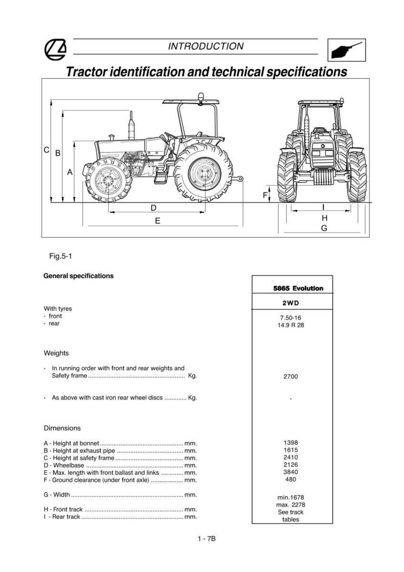 Puede incluir: Diagrama de un tractor con especificaciones t&eacute;cnicas. La imagen incluye vistas laterales y frontales, junto con medidas en mil&iacute;metros y tama&ntilde;os de neum&aacute;ticos. El texto incluye "Identificaci&oacute;n y especificaciones t&eacute;cnicas del tractor."