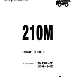 Pu&ograve; includere: Una copertina bianca del manuale d'officina con la scritta "Shop Manual" in alto. Il testo grande "210M" &egrave; centrato, con "DUMP TRUCK" sotto. Un logo Komatsu &egrave; in basso e una piccola grafica di autocarro con cassone ribaltabile in alto a destra.