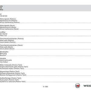 May include: A manual page featuring a table of contents in German, English, and French. It details service items like maintenance kits, wear parts, and engine components. The Weidemann logo is visible in the bottom right corner of the page.