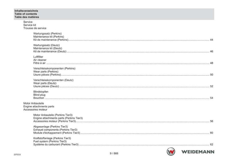 May include: A manual page featuring a table of contents in German, English, and French. It details service items like maintenance kits, wear parts, and engine components. The Weidemann logo is visible in the bottom right corner of the page.