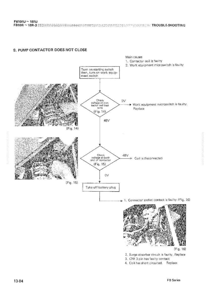 Op de afbeelding: Diagram met stappen voor probleemoplossing voor een pompcontact die niet sluit. Het diagram bevat stroomdiagrammen, spanningscontroles en componentidentificatie, met tekstlabels en figuren.