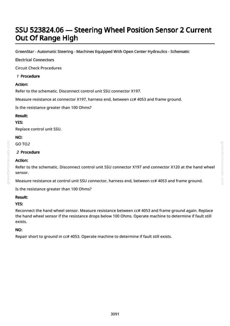 May include: A technical document titled "SSU 523824.06 - Steering Wheel Position Sensor 2 Current Out Of Range High." It includes circuit check procedures, actions, and results for troubleshooting a steering wheel position sensor.