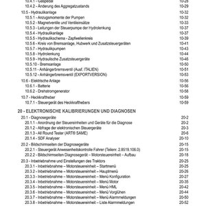 K&ouml;nnte beinhalten: Ein detailliertes Inhaltsverzeichnis aus einem Handbuch mit einer Liste technischer Themen wie Hydraulik, elektrische Systeme und elektronische Kalibrierungen. Der Text ist auf Deutsch, mit Seitenzahlen rechts.