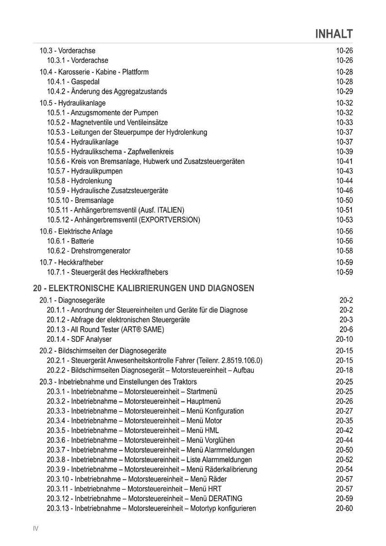 K&ouml;nnte beinhalten: Ein detailliertes Inhaltsverzeichnis aus einem Handbuch mit einer Liste technischer Themen wie Hydraulik, elektrische Systeme und elektronische Kalibrierungen. Der Text ist auf Deutsch, mit Seitenzahlen rechts.